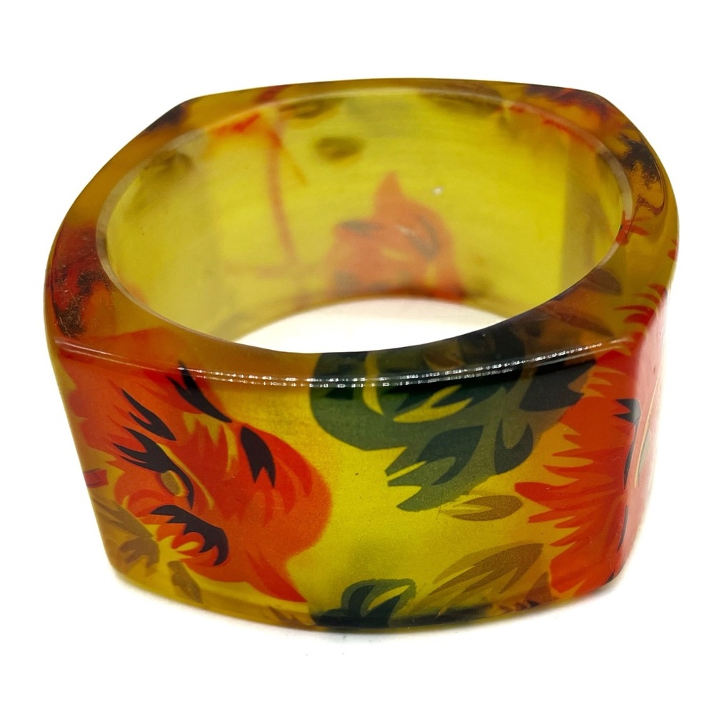 Vintage Bright Yellow Laminated Lucite Bangle Bracelet Flowers